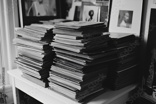 Stack of files on a white shelf, symbolizing organization, productivity, and efficient workspace management, Generative AI