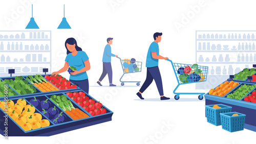 Shoppers with carts choosing fresh fruits and vegetables from colorful displays in the produce aisle of a modern supermarket.