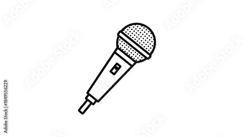 Simple black and white line art icon of a dynamic microphone, representing audio recording, public speaking, music, and broadcasting.