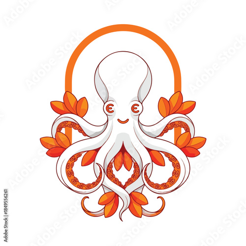 Cute Octopus with Floral Accents and Halo Illustration.