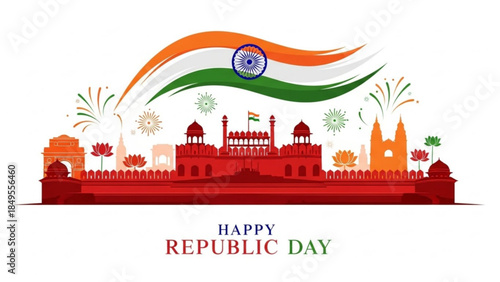 Vibrant India Republic Day Celebration with Flag, Fireworks, and Historic Red Fort Architecture