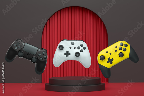 Colorful gaming controllers joystick levitating over podium against abstract background, minimalist concept device on pedestal