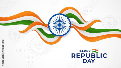 Vibrant India Republic Day Celebration with Ashoka Chakra Symbol and Tricolor Ribbon on White Background