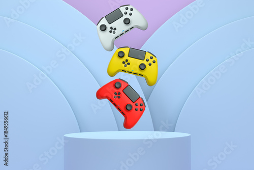 Colorful gaming controllers joystick levitating over podium against abstract background, minimalist concept device on pedestal