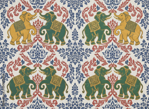 seamless pattern with a traditional Thai or Indian motif, featuring stylized elephants and intricate floral and vine elements.