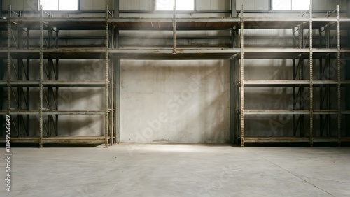 Empty Industrial Warehouse with Metal Shelves and Concrete Floor.