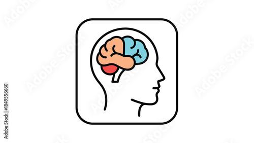 Colorful line icon of a human head in profile with a brain divided into two colored hemispheres, representing psychology and mental health.