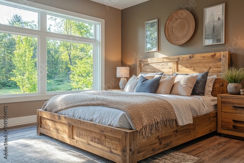 Brown home bedroom interior with a bed and nightstand, offering a warm and inviting space with a panoramic window for natural light, Generative AI