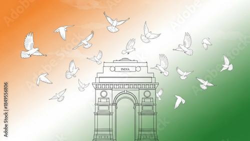 India Gate Monument Illustration with Birds Flying in Orange, White, and Green Background Colors