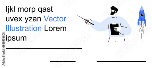 Education, innovation, business strategy, teaching tools, science concepts, modern communication. Person holding pointer near rocket. Education and innovation in a creative style