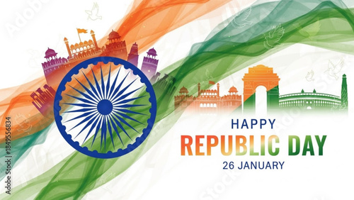 Vibrant Indian Republic Day Celebration with Flag Colors and Iconic Landmarks on White Background Soaring Free