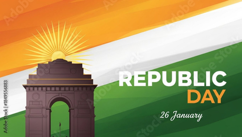 India Republic Day Celebration Background with Gate and Sun Illustration on Indian Flag Colors