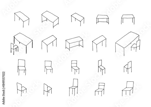 机と椅子の手描きイラストセット