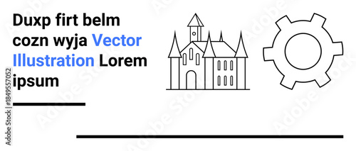 Gothic castle sketch paired with a gear icon beside bold text blocks. Ideal for storytelling, heritage, engineering, medieval themes, innovation, technology, simple landing page
