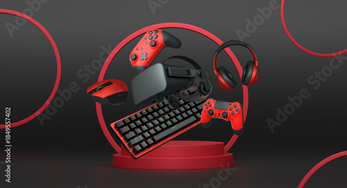 Gaming and streaming accessories including RGB keyboard, headphones, mouse, joystick and VR glasses floating above podium