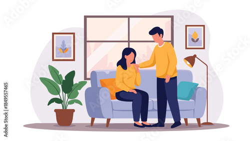 Compassionate man comforting a sad and upset woman sitting on a sofa, offering support and empathy during a difficult time.