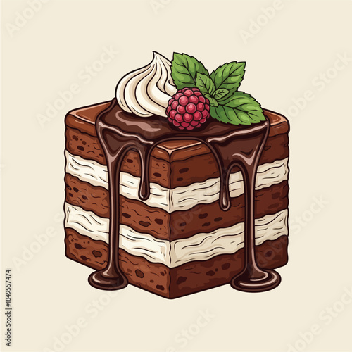 Delicious chocolate cake with raspberry and mint on top.