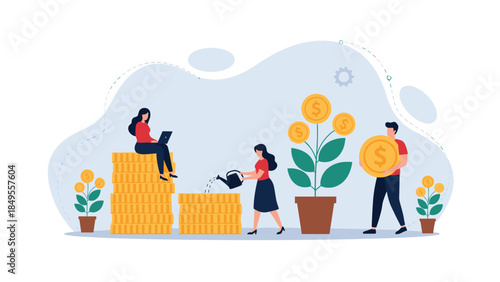 Business people investing and growing their finances, illustrated with stacks of coins, a watering can, and a flourishing money tree.
