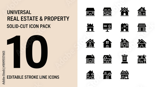 Universal Real Estate and Property Solid Cut Icon Pack.