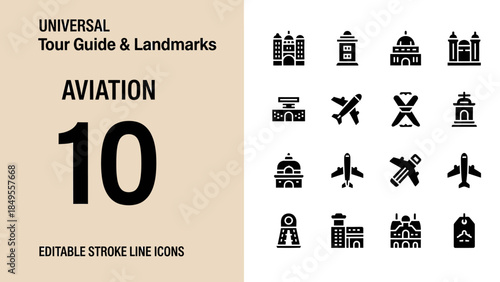 Universal Tour Guide and Landmarks Aviation Icons.