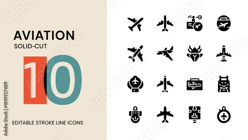 Aviation Solid Cut 10 Editable Stroke Line Icons Set.