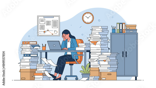 Overworked and stressed businesswoman feeling tired at her desk, buried under massive piles of paperwork and documents in the office.