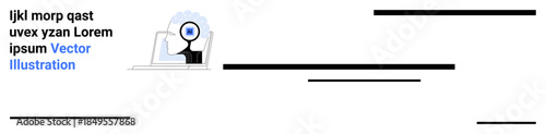 Research, analysis, problem-solving, information retrieval, data exploration, business intelligence. Person with magnifying glass over laptop. Research and analysis conceptual design