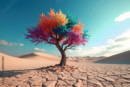 Vibrant Multicolor Tree Standing Alone in a Desert Landscape