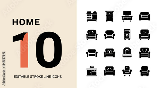 Home Furniture Icons Collection Editable Stroke Line Art.