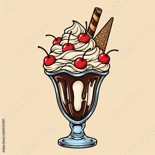 Delicious chocolate sundae with whipped cream and cherries.