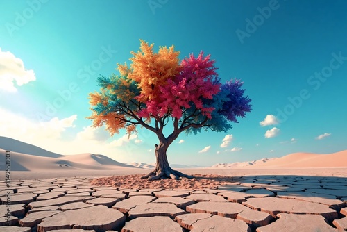 Vibrant Multicolor Tree Standing Alone in a Desert Landscape