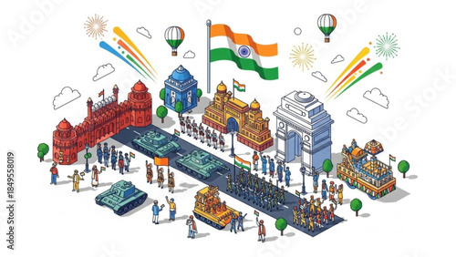 Vibrant Indian Cityscape Celebration Scene with Iconic Landmarks and Cultural Festivities
