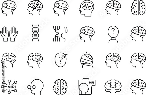Neurology and mental health line icon set with brain anatomy, psychological testing, DNA, MRI scan, headache, trauma, and intelligence symbols.
