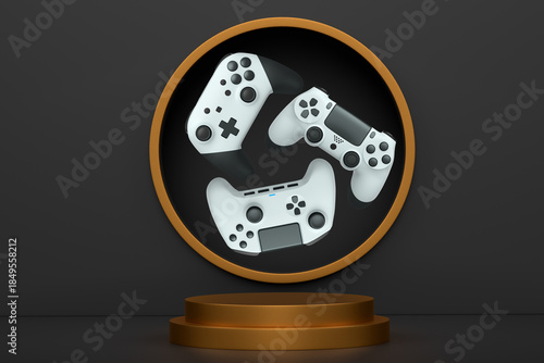 Colorful gaming controllers joystick levitating over podium against abstract background, minimalist concept device on pedestal