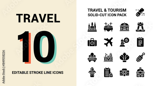 Travel and Tourism Solid Cut Icon Pack with Number 10.