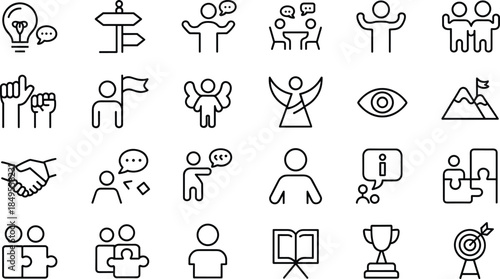 Human resources and teamwork line icon set with leadership, collaboration, handshake, meeting, strategy, problem solving, achievement, and business professional symbols.