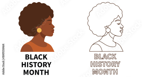 Black History Month concept with a beautiful African American woman in profile view, featuring colorful flat vector illustration and black and white line art for coloring page.
