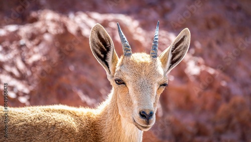 High resolution close up color portrait of a single young mountain goat in the wild- Israel
