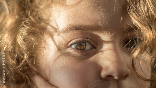 High resolution color close up portrait image of a young and beautiful girl with large brown eyes with soft window lighting