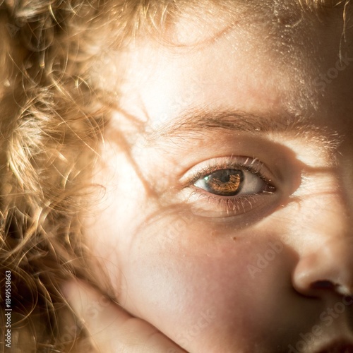 High resolution color close up portrait image of a young and beautiful girl with large brown eyes with soft window lighting