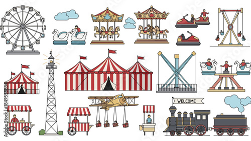 Collection of colorful vintage-style amusement park and carnival attractions, including a Ferris wheel, carousel, circus tent, and train ride.