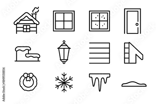 Winter House Icons. Snowy rooftop with chimney smoke – Winter House Details. Line outline icon set of Winter