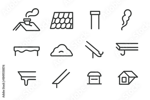 Snowy Rooftop Icons. Snowy rooftop with chimney smoke – Rooftop Elements. Line outline icon set of Rooftop