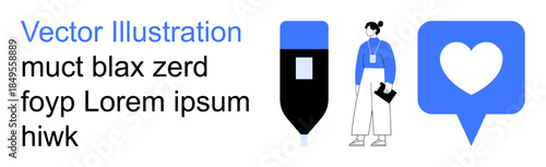 Digital tools, content management, design workflow, communication, content sharing, social interaction. Pen graphic, individual figure and heart icon in speech bubble. Content creation and social