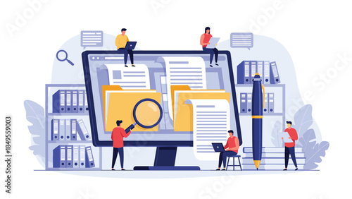 Business people managing and organizing digital documents on a large computer screen, using search and archival systems for data management.