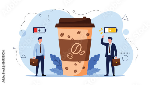 Businessman recharges his energy with coffee, showing a low battery transforming to full, symbolizing a break and increased productivity.