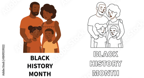 Black History Month illustration featuring a happy African American family with parents and children, colorful flat vector and black and white line art coloring page version.