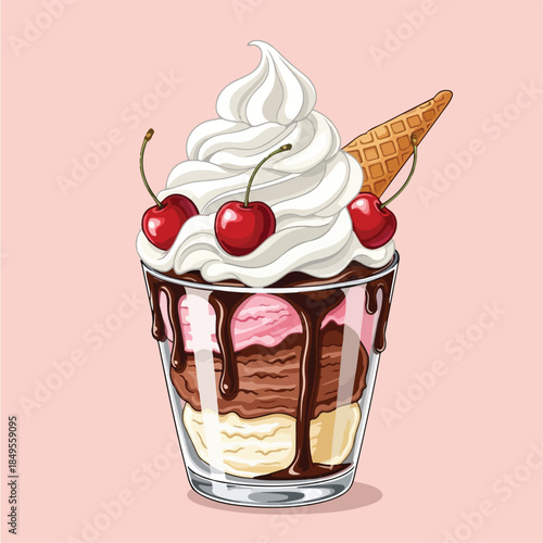 Delicious Ice Cream Sundae with Cherries and Waffle Cone.
