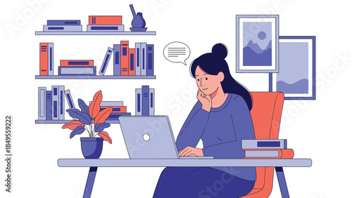 Young woman working or studying from home on her laptop at a desk in a cozy room with bookshelves and plants.