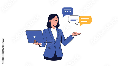 Professional businesswoman in a suit holding a laptop and presenting ideas with multiple speech bubbles, symbolizing communication and support.